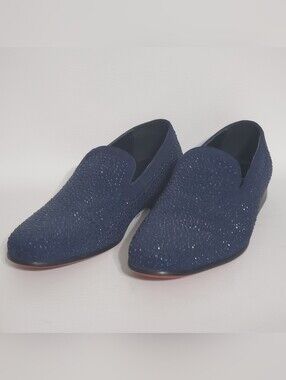Moretti Black Label Dark Blue Crystal-Studded Slip-On Loafers Men's Size 8